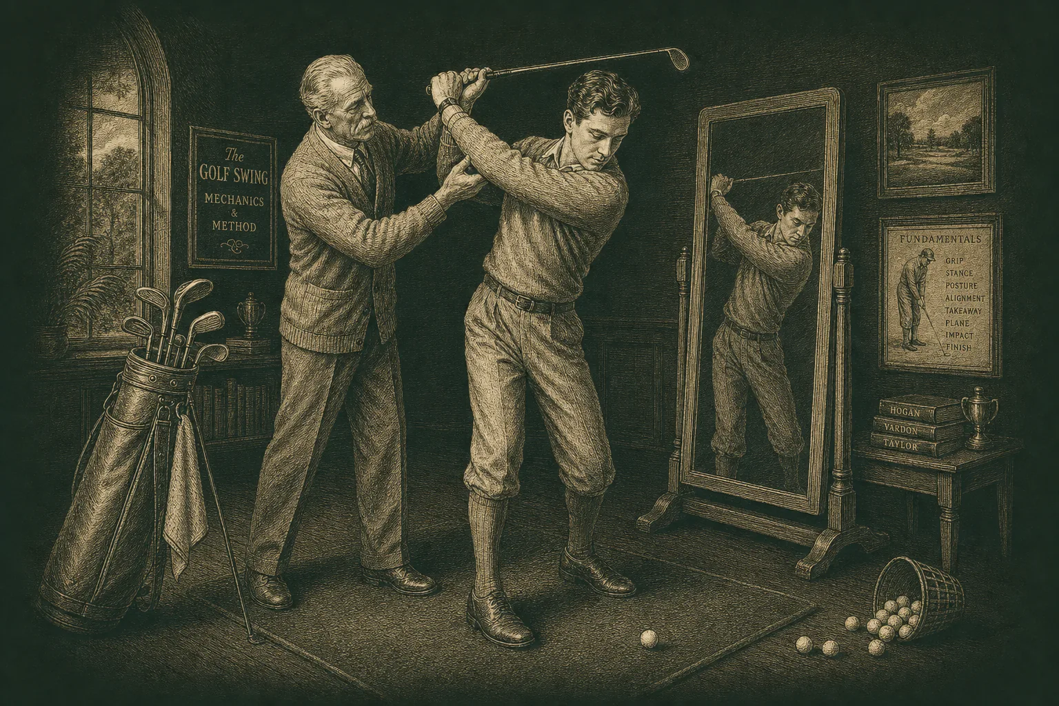 Engraved illustration of a coach studying a student's swing arc
