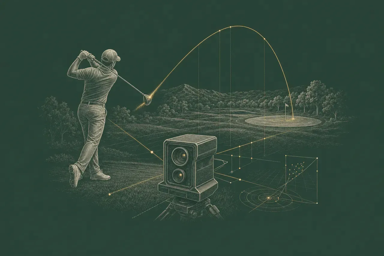 Engraved illustration of a launch monitor tracing a ball flight in gold